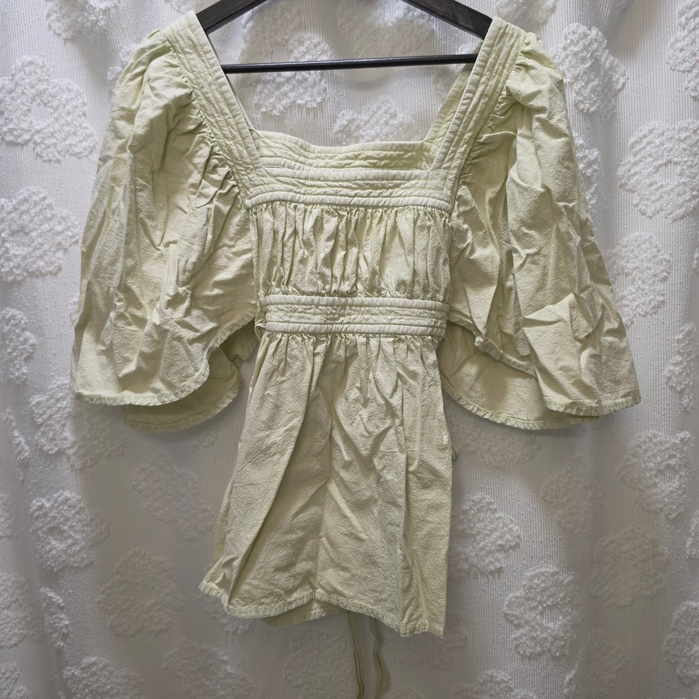Free People Womens Pale Green Cotton Flutter Sleeve Square Neck Tie Top Medium